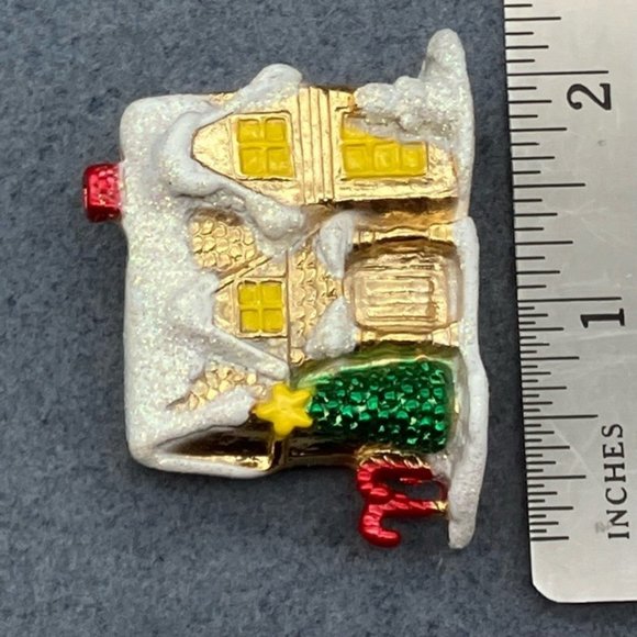 Christmas Pin Brooch House As Is Gold White Snow Green Tree Red Candy Canes - Picture 9 of 9